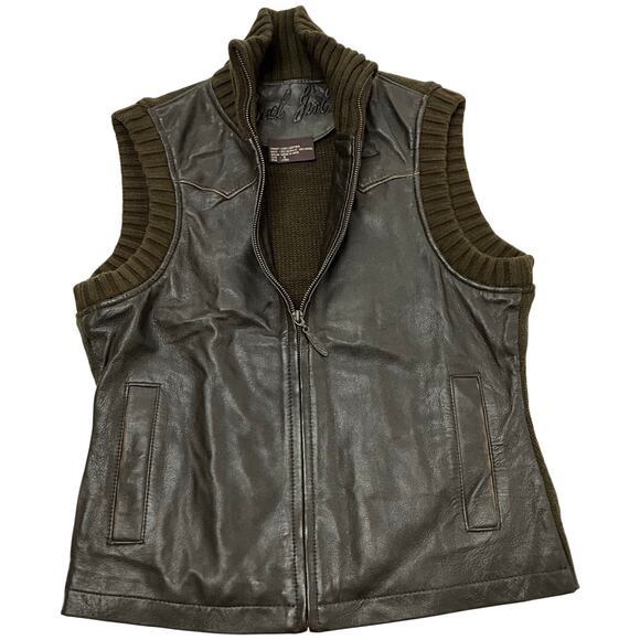Cruel Girl S Brown Leather and Blended Wool Knit Vest with Pockets Western Yoke - Picture 1 of 9